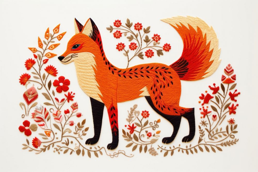 Fox in embroidery style pattern animal mammal.