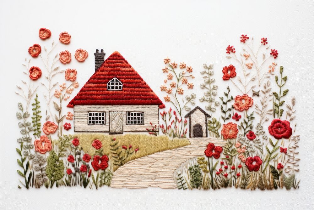 House in embroidery style needlework pattern art.