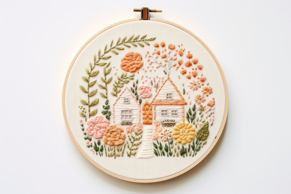 House in embroidery style needlework textile pattern.