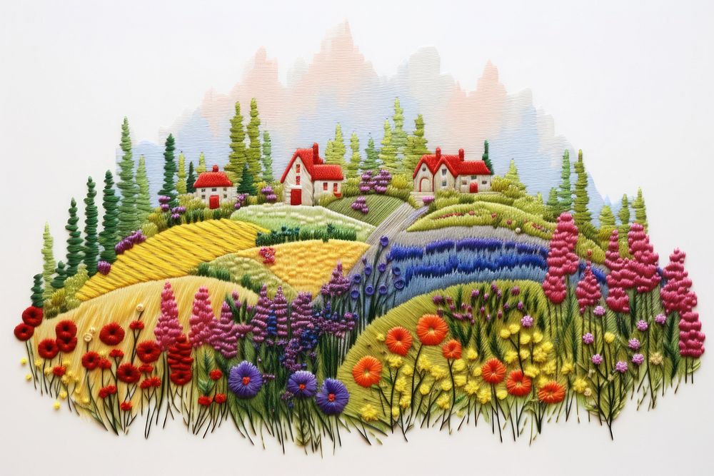 Hill in embroidery style needlework pattern drawing.