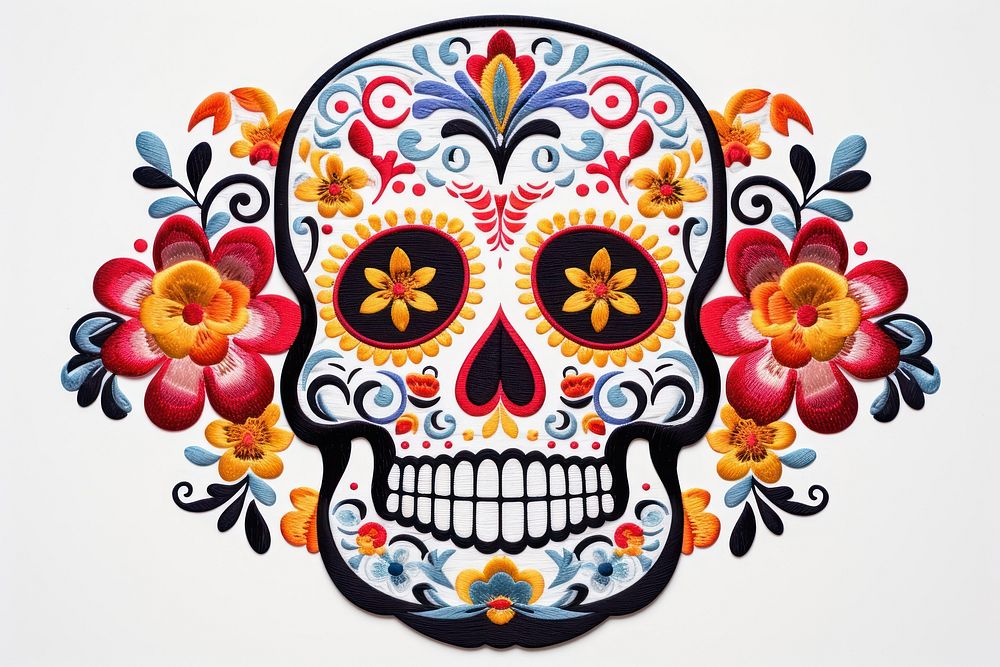 Mexican skull in embroidery style pattern art representation.