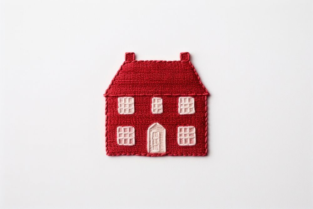 Minimal red house in embroidery style textile pattern architecture.