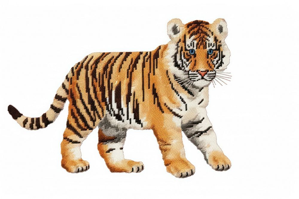 Small tiger in embroidery style wildlife animal mammal.