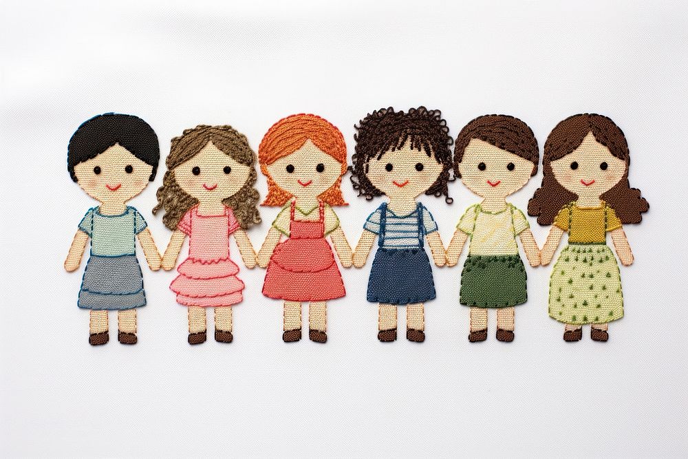 Simplify 3 kids in embroidery style doll toy representation.