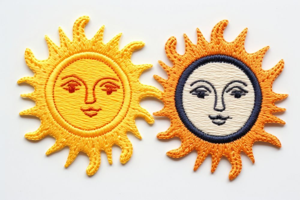 Sun and moon in embroidery style textile pattern face.