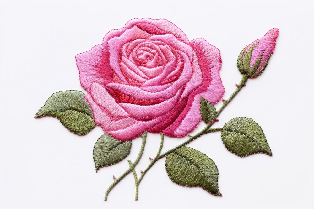 Pink rose in embroidery style pattern textile flower.