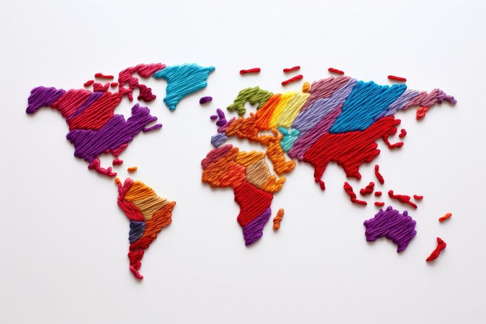 World map in embroidery style pattern creativity splattered.