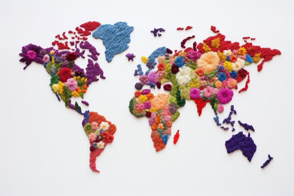 World map in embroidery style pattern creativity variation.
