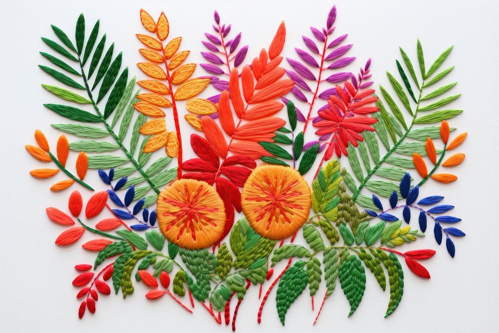 Tropical plant in embroidery style needlework pattern leaf.