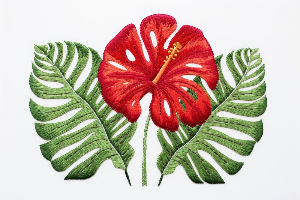 Tropical plant in embroidery style hibiscus tropics pattern.
