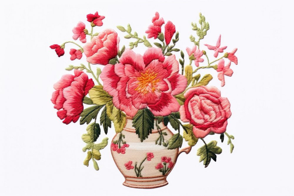 Vase with flower in embroidery style pattern plant rose.