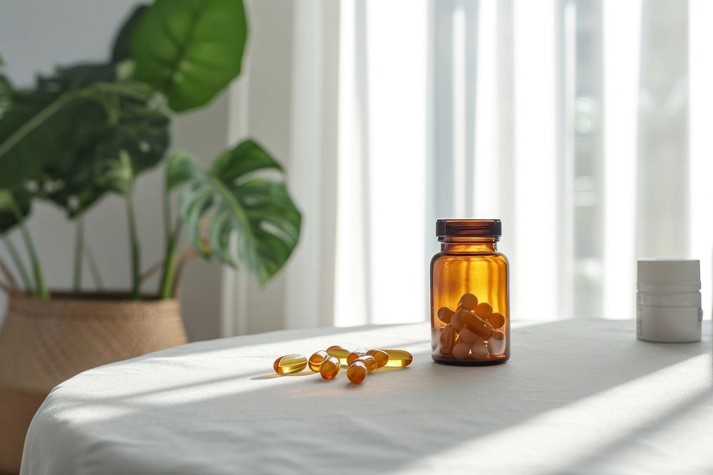 Vitamin capsule bottle table pill. AI generated Image by rawpixel.