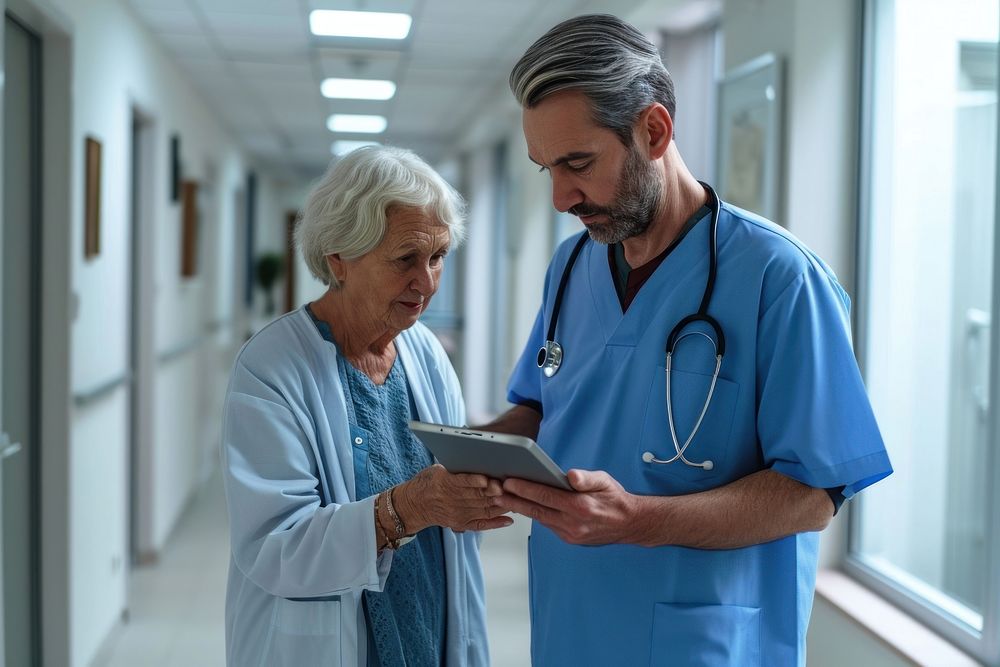 A man in blue hospital doctor costume showing his tablet to an old woman computer adult nurse. AI generated Image by…