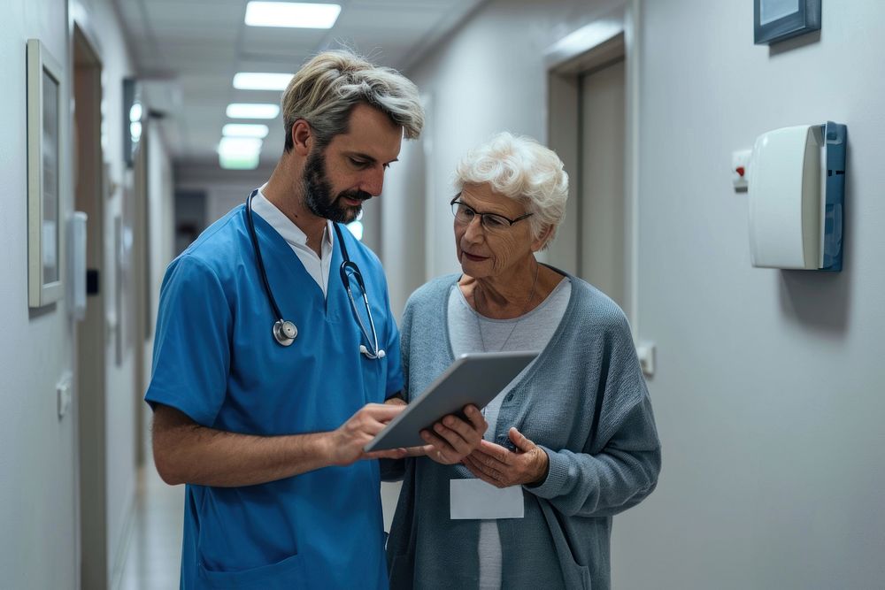A man in blue hospital doctor costume showing his tablet to an old woman in gray sweater computer adult nurse. AI generated…