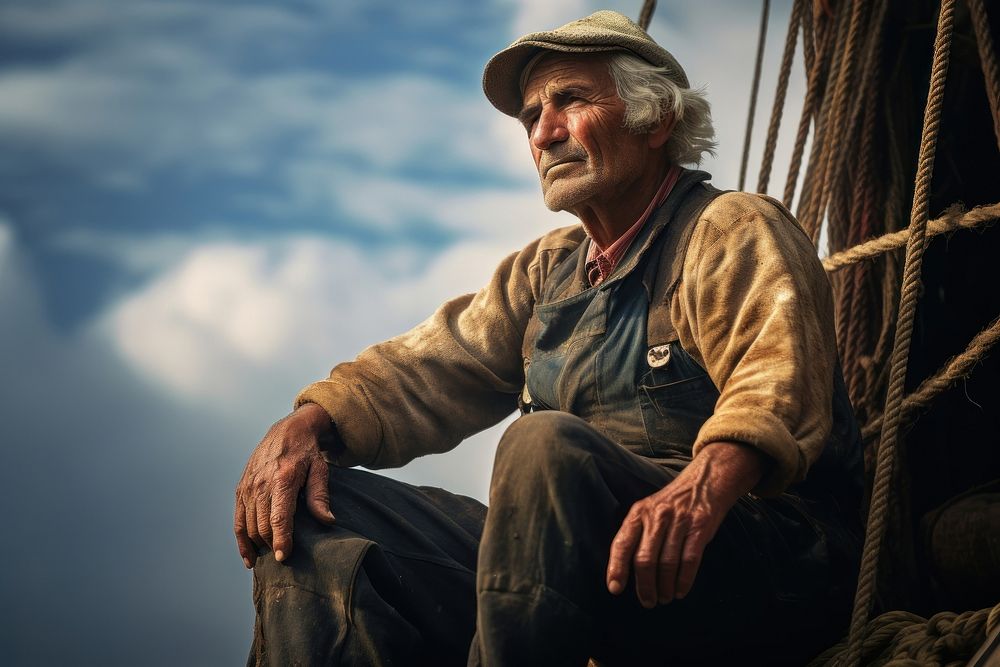 Man old holding working fishing portrait sitting adult.