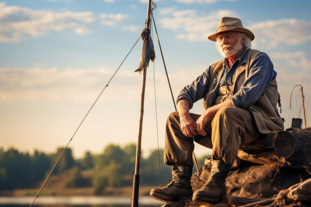 Man old holding working fishing portrait outdoors sitting.