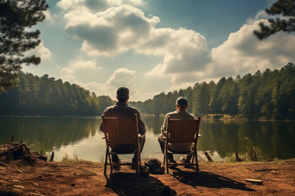 Backs of caucasian father and son sit near lake on fishing chairs outdoors nature plant.