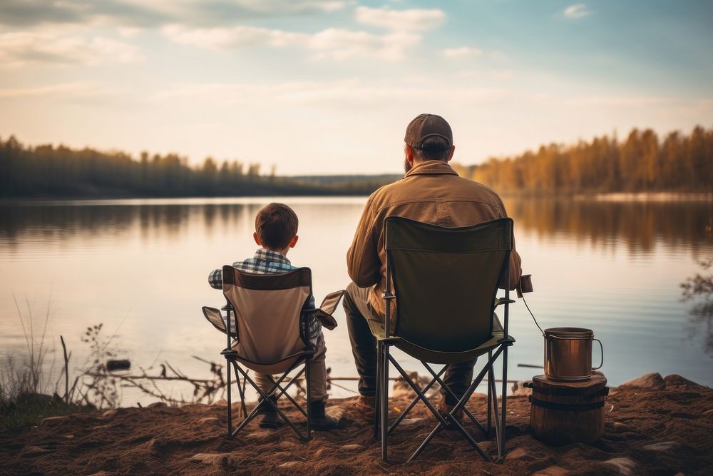 Backs of caucasian father and son sit near lake on fishing chairs outdoors vacation nature.