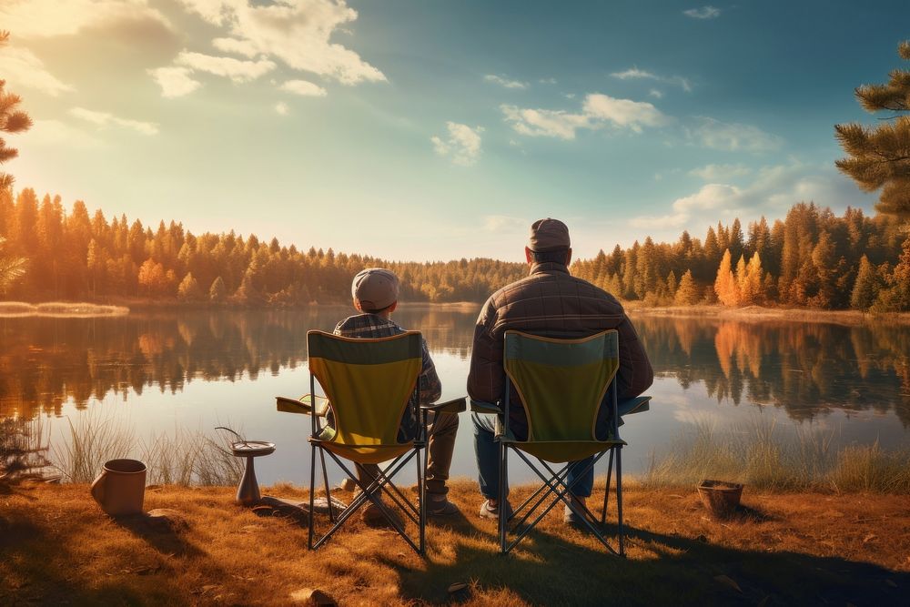 Backs of caucasian father and son sit near lake on fishing chairs outdoors nature adult.