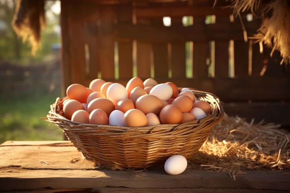Basket of chicken eggs food wood agriculture.