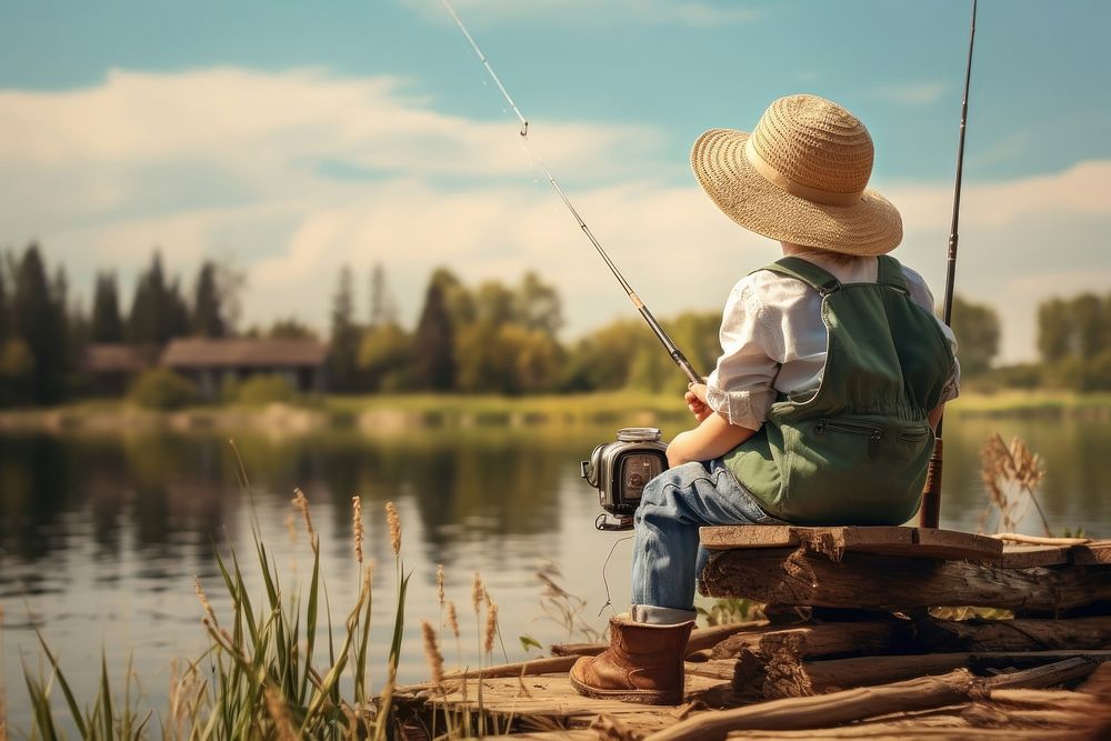 Fishing rod on a wooden pier is fishing outdoors sitting nature.