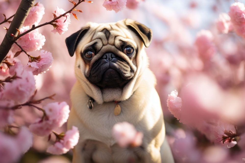 Cute pug sitting flower blossom animal.