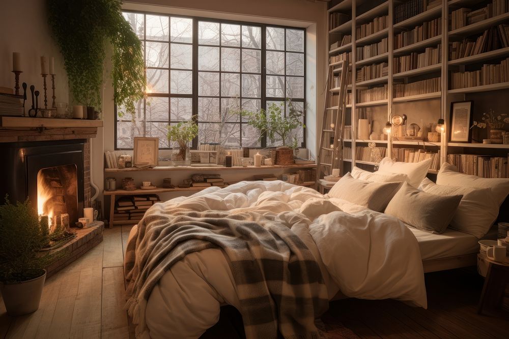 Cozy Decorating bedroom furniture fireplace architecture. AI generated Image by rawpixel.
