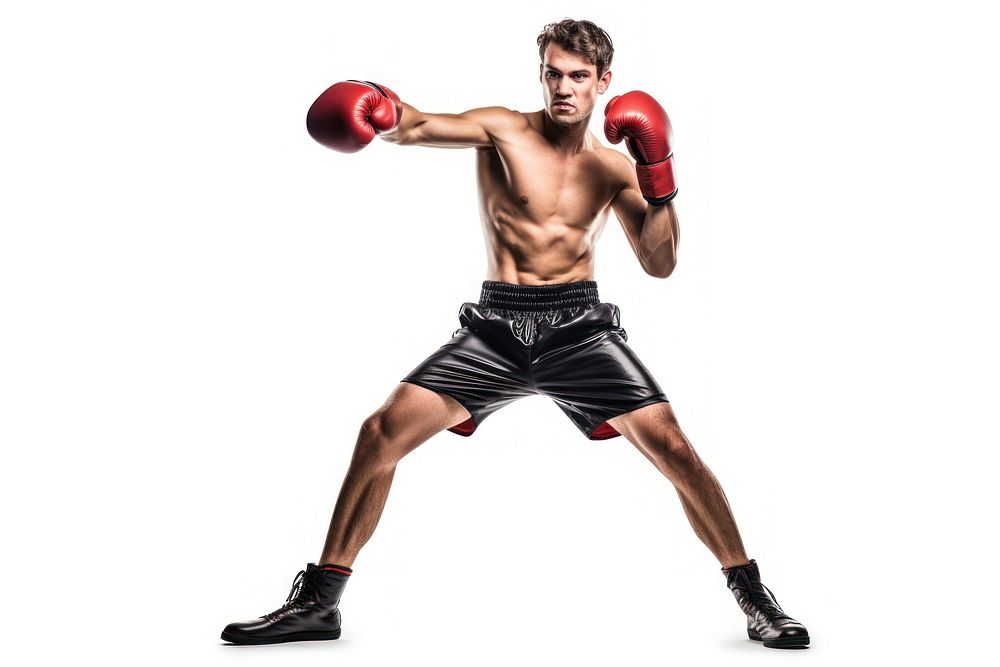 Full length profile shot of a young guy punching boxing adult glove.
