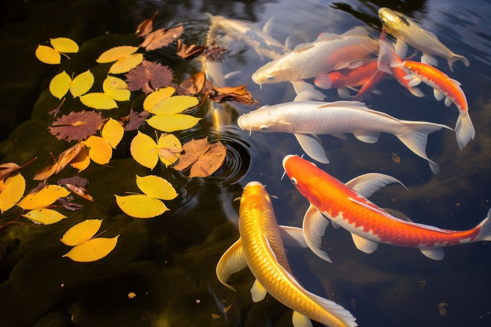 Golden carps and koi fishes pond outdoors nature.
