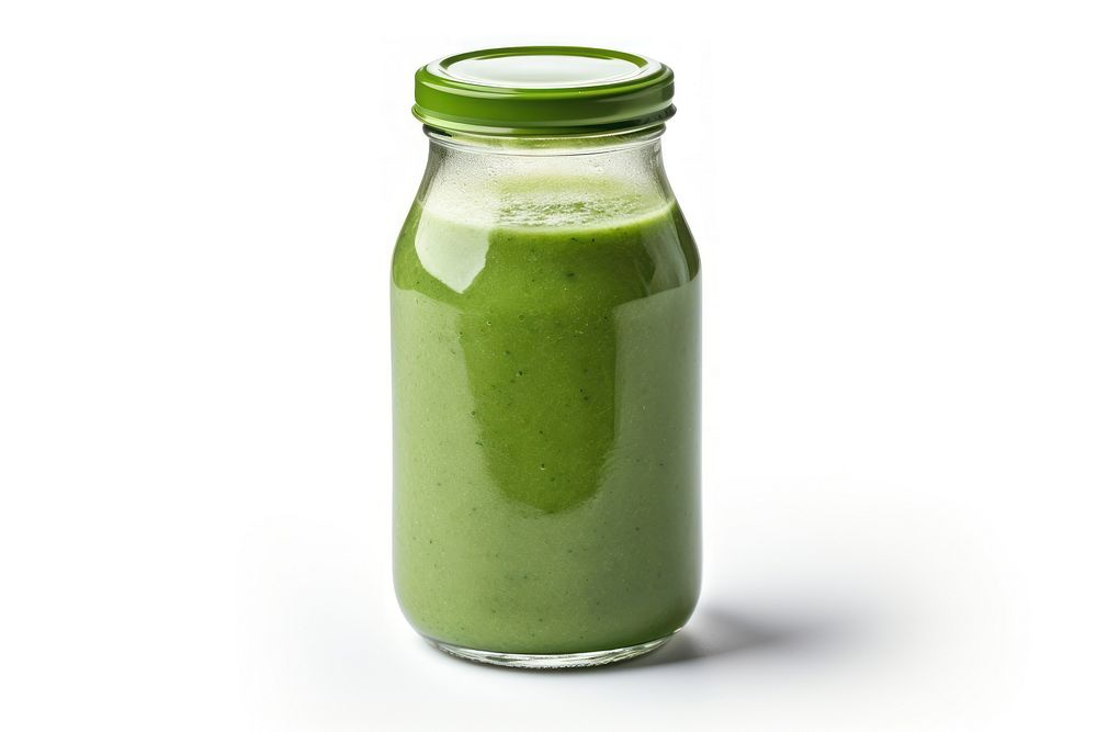Green smoothie in glass bottle juice drink green.