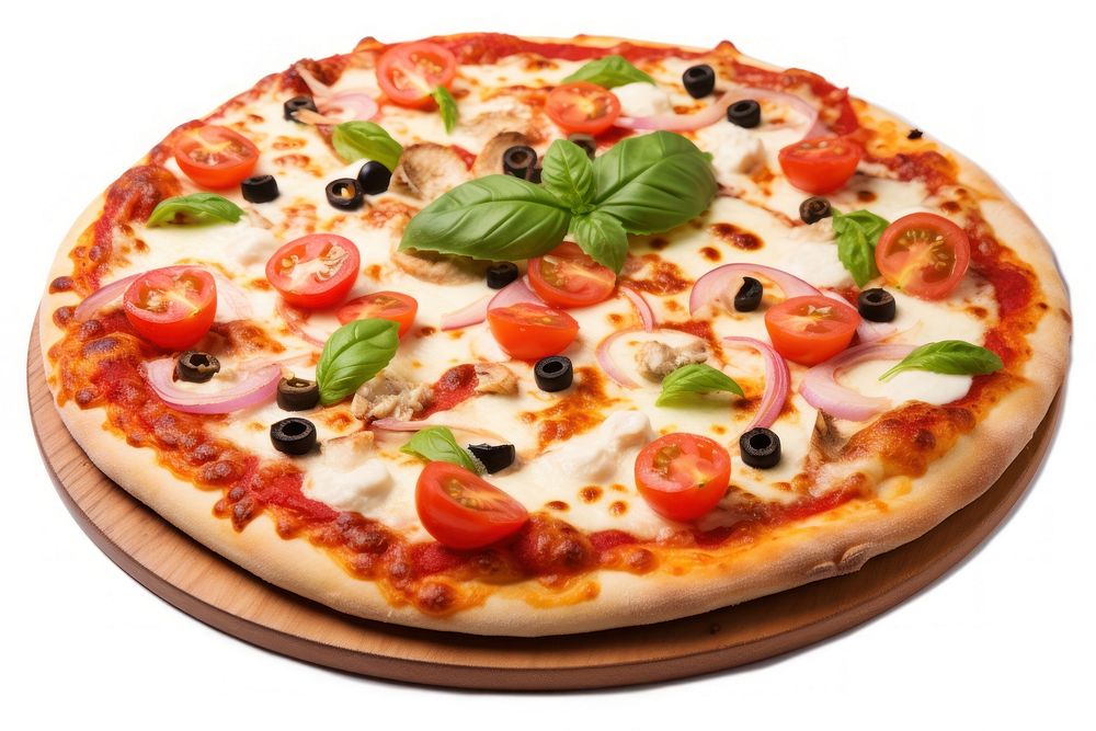 Italian pizza with melted mozzarella cheese vegetable garnish tomato.