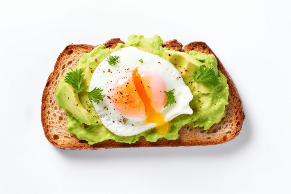 Poached egg with salmon and guacamole on rye bread food white background breakfast.