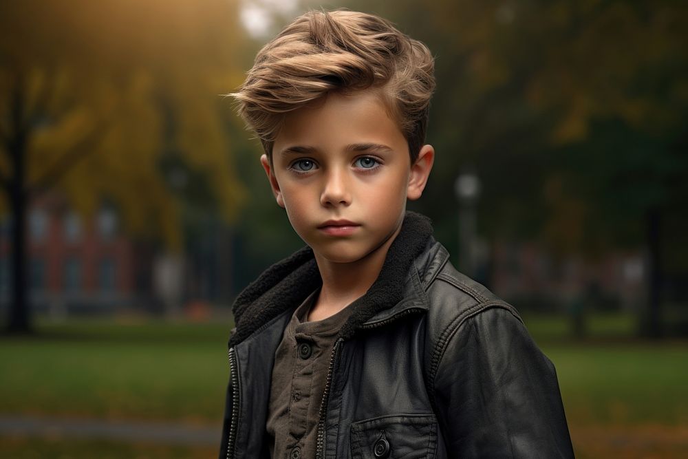 Protrait kid in a park portrait jacket photo.