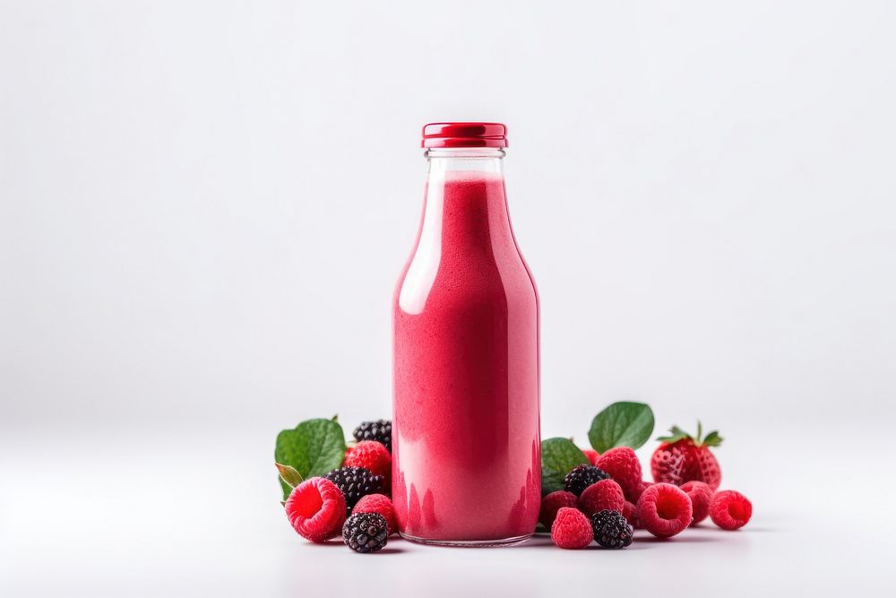 Red berry smoothie in glass bottle raspberry fruit juice.