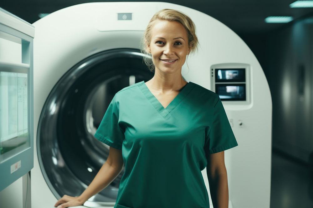 A woman in dark green polo shirt standing in front of MRI scanner hospital adult tomography. AI generated Image by rawpixel.