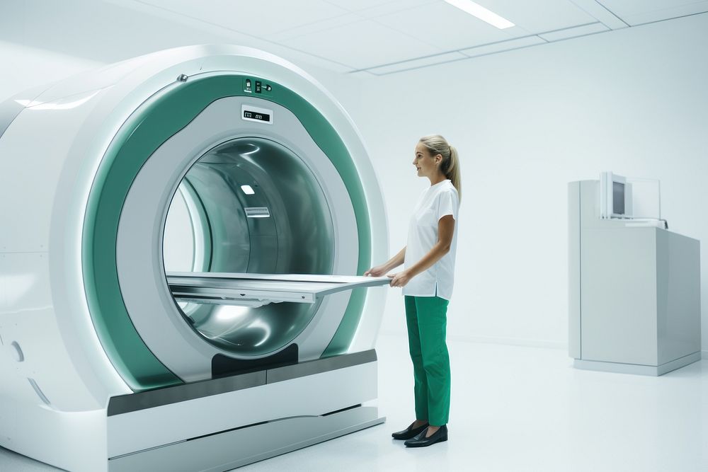 A woman in dark green polo shirt standing in front of MRI scanner hospital working adult. AI generated Image by rawpixel.