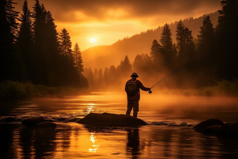 Young man flyfishing at sunrise outdoors nature adult.