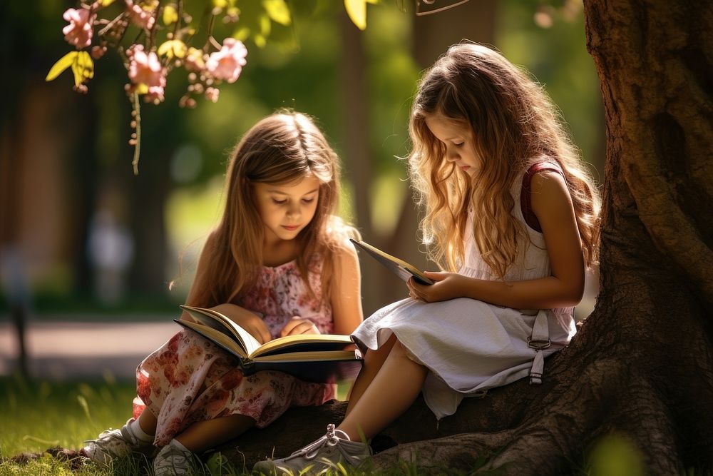 Young girl with friend reading book summer child day. AI generated Image by rawpixel.