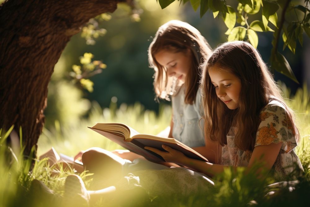 Young girl with friend reading book summer day togetherness. AI generated Image by rawpixel.
