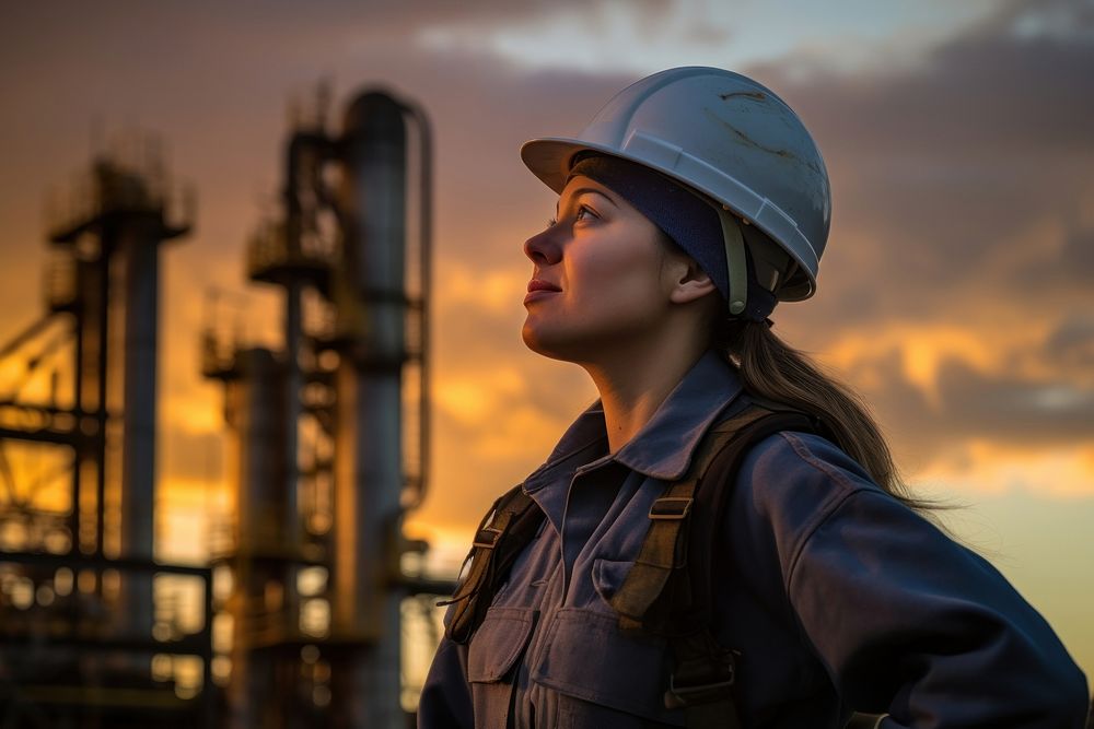 An engineer woman looking hardhat sunset. AI generated Image by rawpixel.