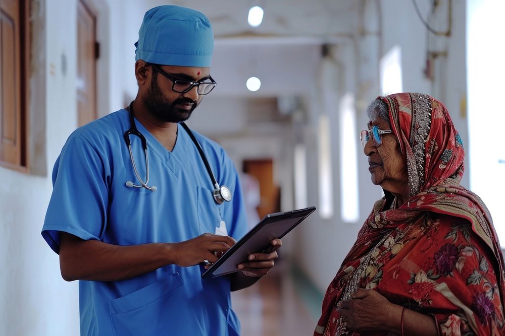 An Indian man in blue hospital doctor costume showing his tablet to an old woman computer adult nurse. AI generated Image by…