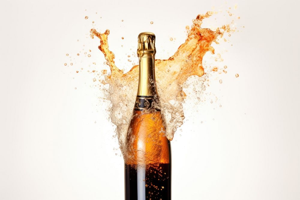 Bottle of champagne explosion splash drink beer white background.