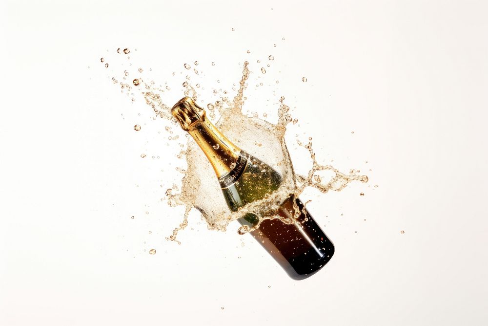 Champagne bottle explosion splash drink wine white background.