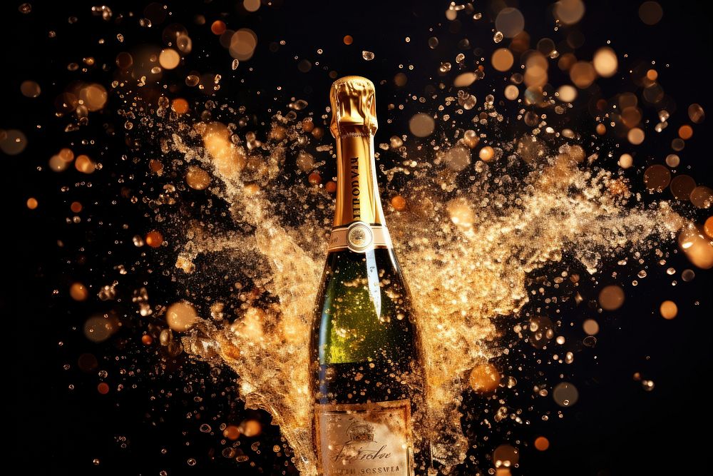 Champagne bottle explosion splash drink wine refreshment.