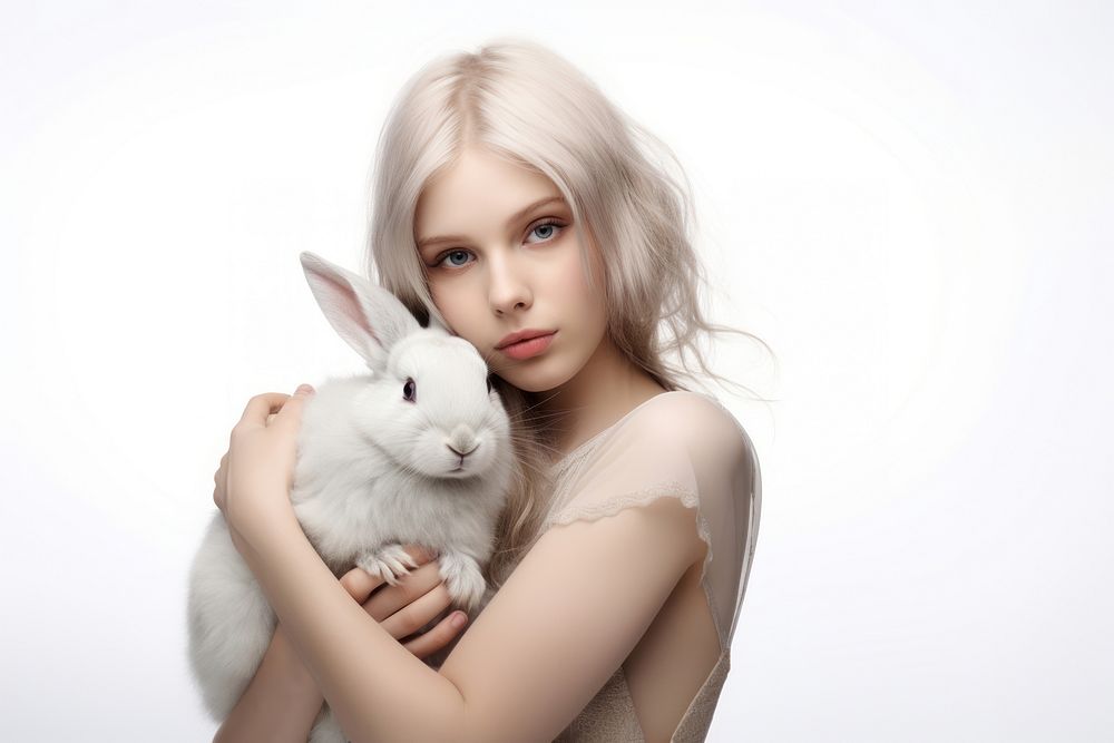 Girl person hugging a rabbit portrait animal mammal.