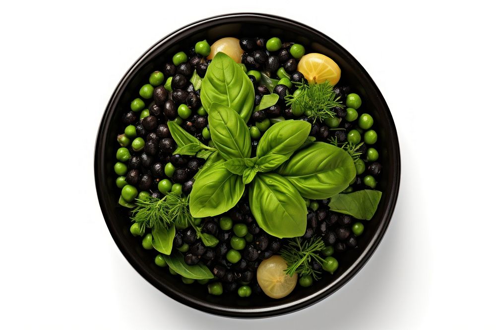 Green vegan food bowl plant white background.