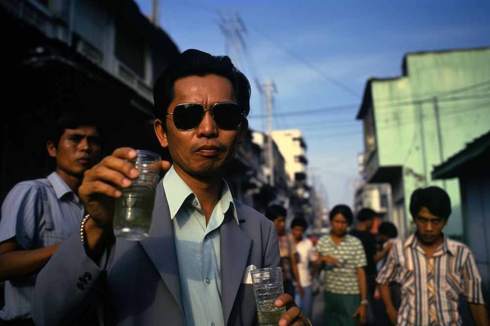 Gangster holding water bottle photography sunglasses street.