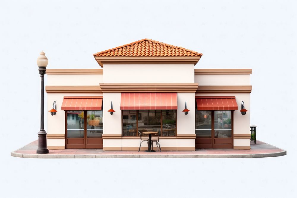 Restaurant building architecture awning table.
