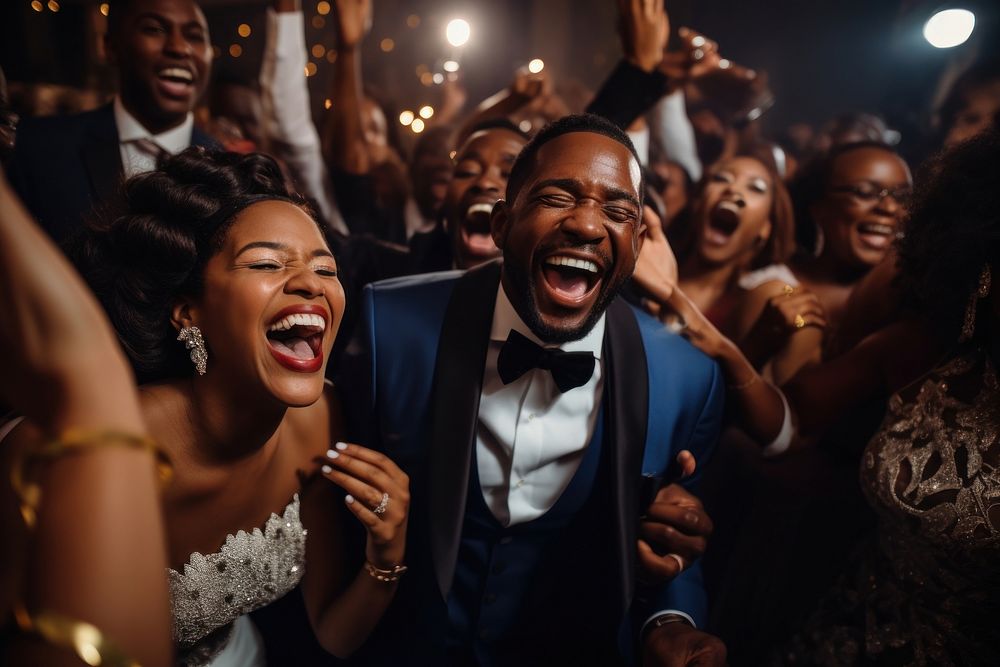 Black people wedding celebration laughing dancing.