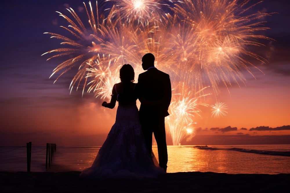 Black people wedding beach photography fireworks.